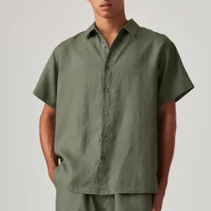 100% Linen Short Sleeve Shirt in Khaki - Mens
