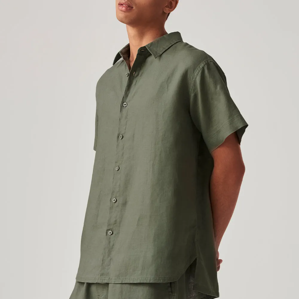 100% Linen Short Sleeve Shirt in Khaki - Mens