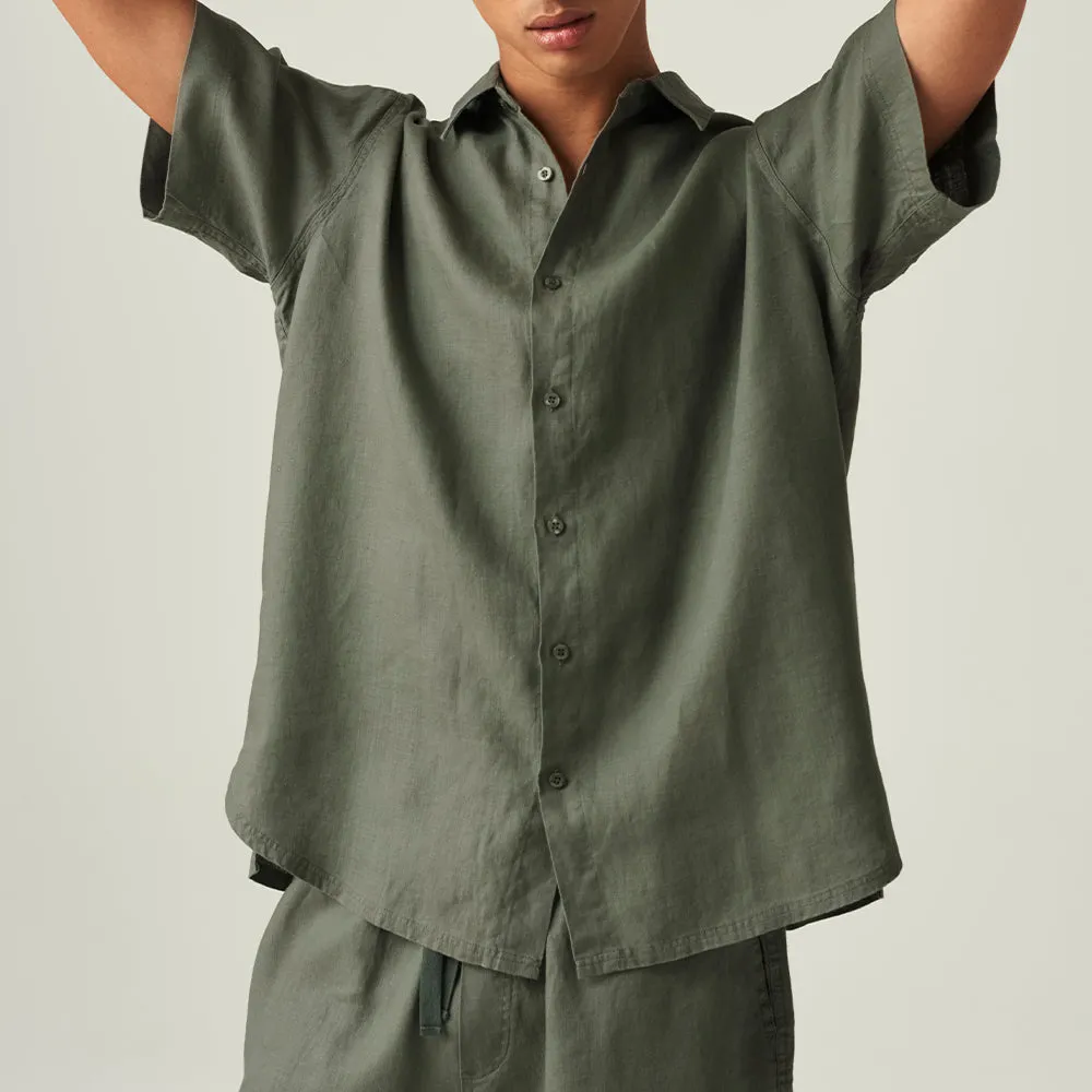 100% Linen Short Sleeve Shirt in Khaki - Mens