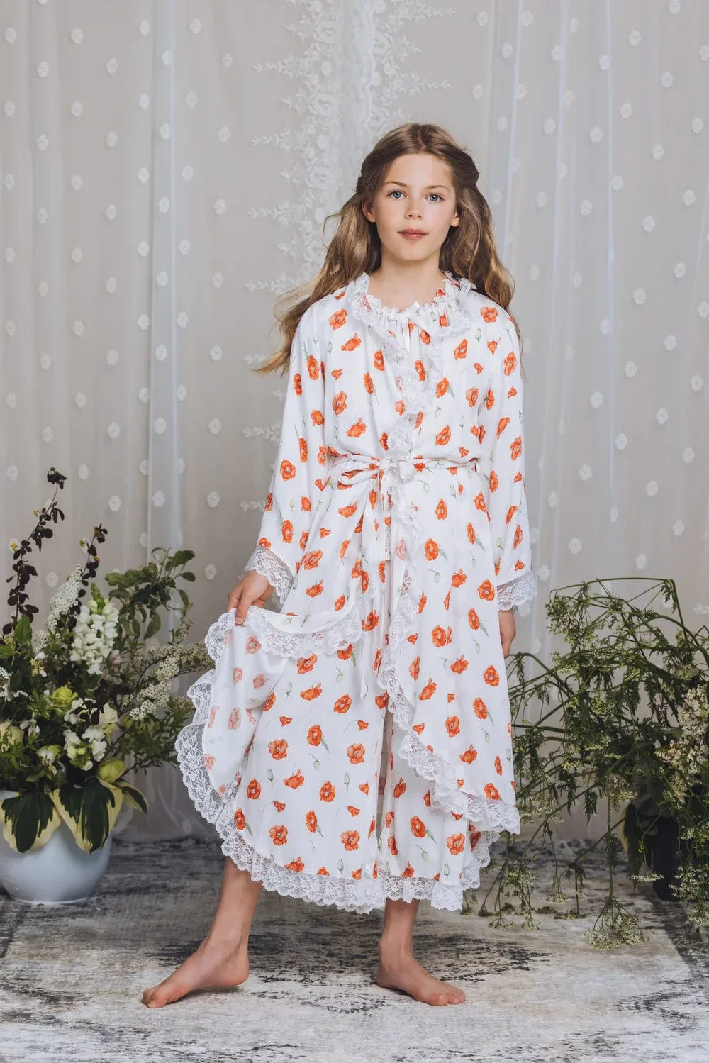 Amiki Children Girls Sofia Poppy Print Dressing Gown in White