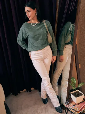Berrylush Women Solid Green Boat Neck Drop-Shoulder Sleeves Acrylic Ribbed Hem Knitted Regular Sweater