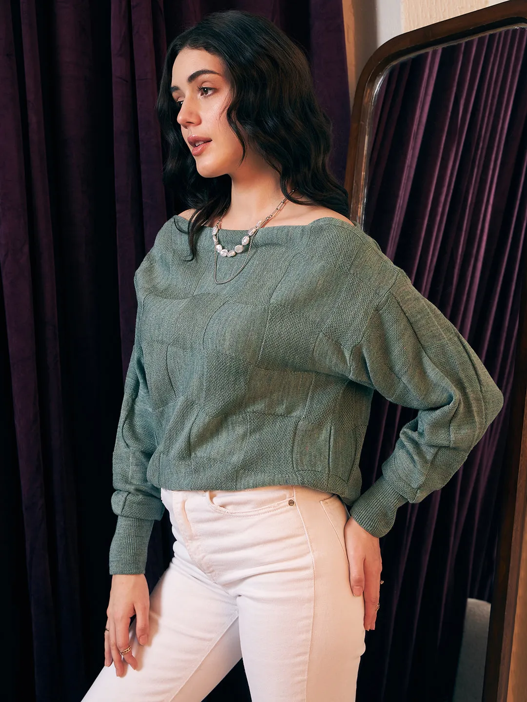 Berrylush Women Solid Green Boat Neck Drop-Shoulder Sleeves Acrylic Ribbed Hem Knitted Regular Sweater