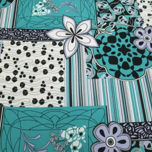 Black, Teal and White Abstract Flowers Printed Jersey Stretch Fabric