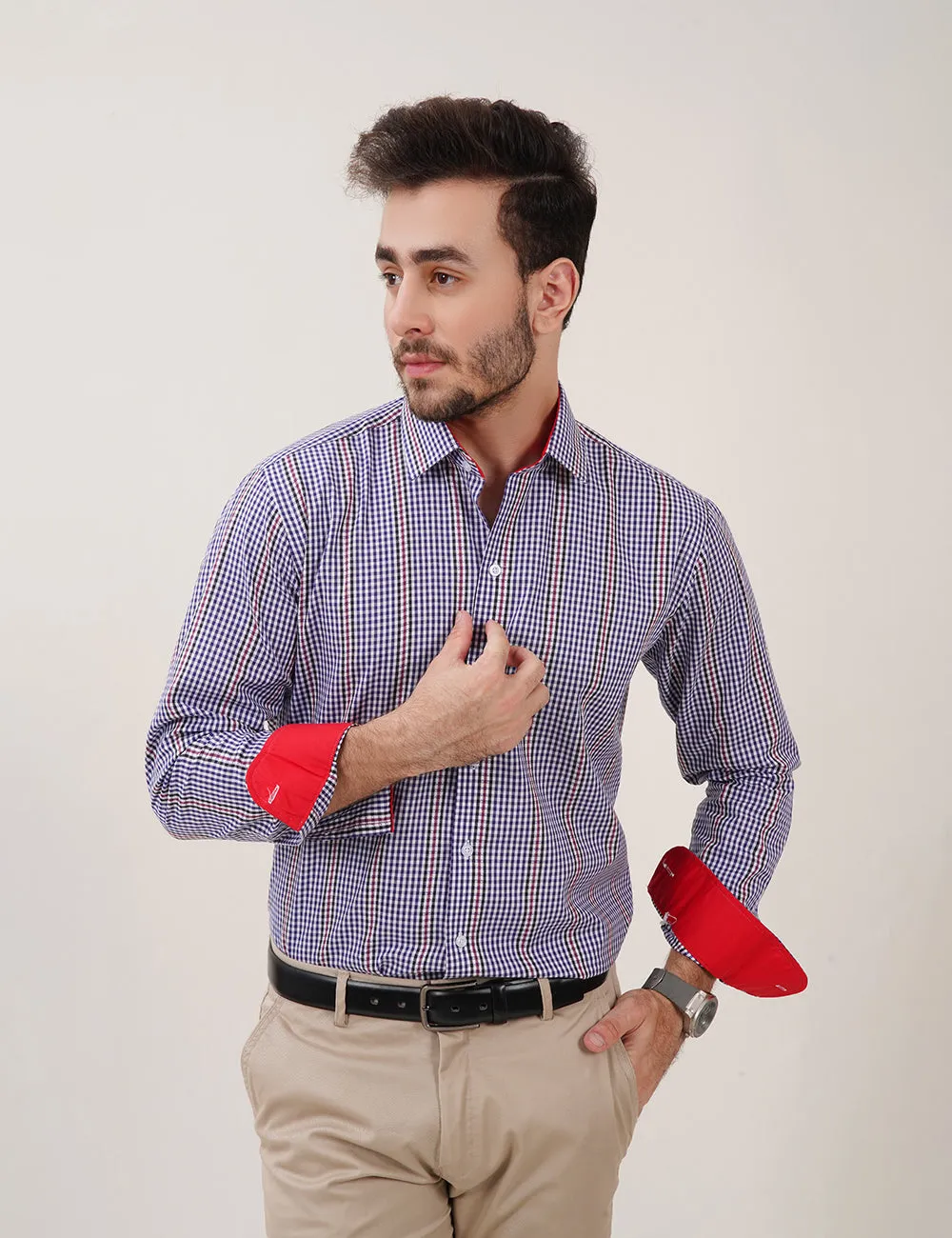 Blue & White Check Shirt with Red Stripes for Men