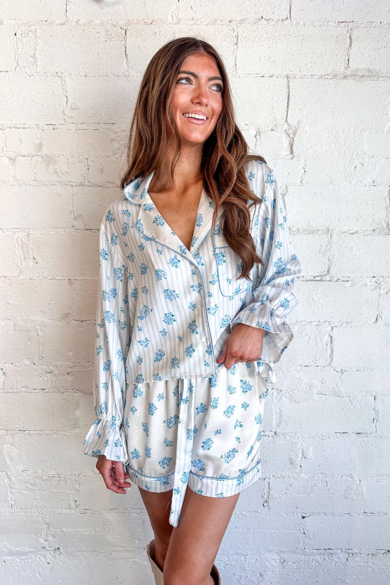Blue Stripe Satin PJ Top