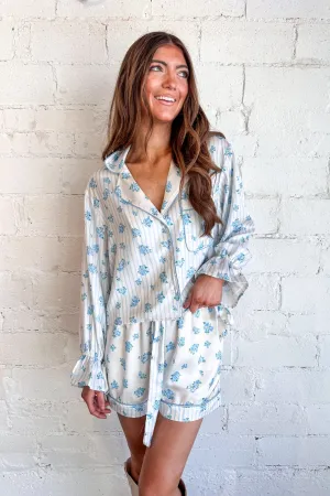 Blue Stripe Satin PJ Top