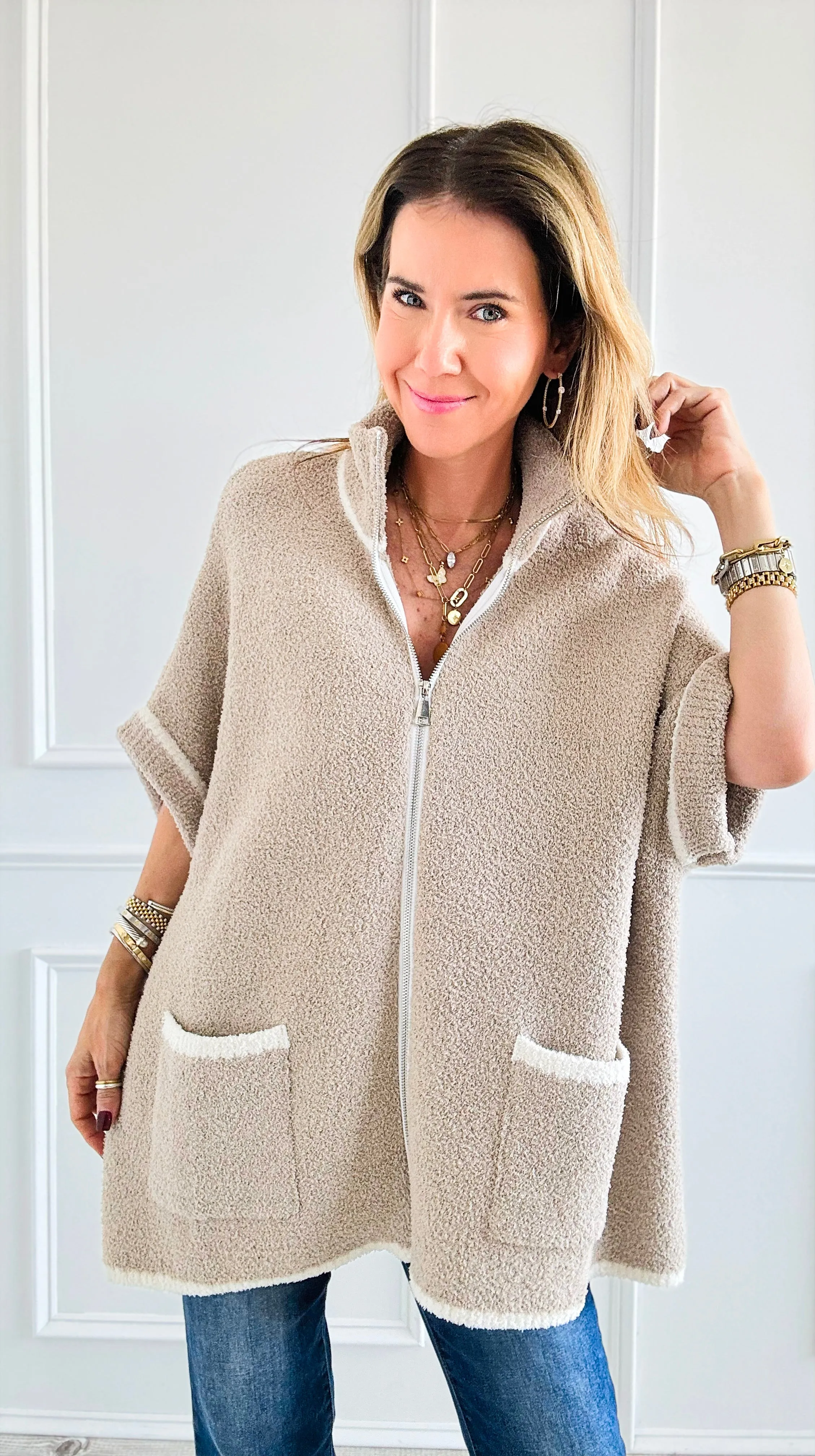 Colored Edge Zipper Jacket - Beige