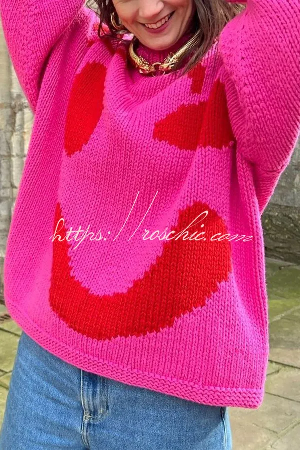 Feel Good Knit Colorful Smiley Face Loose Pullover Sweater