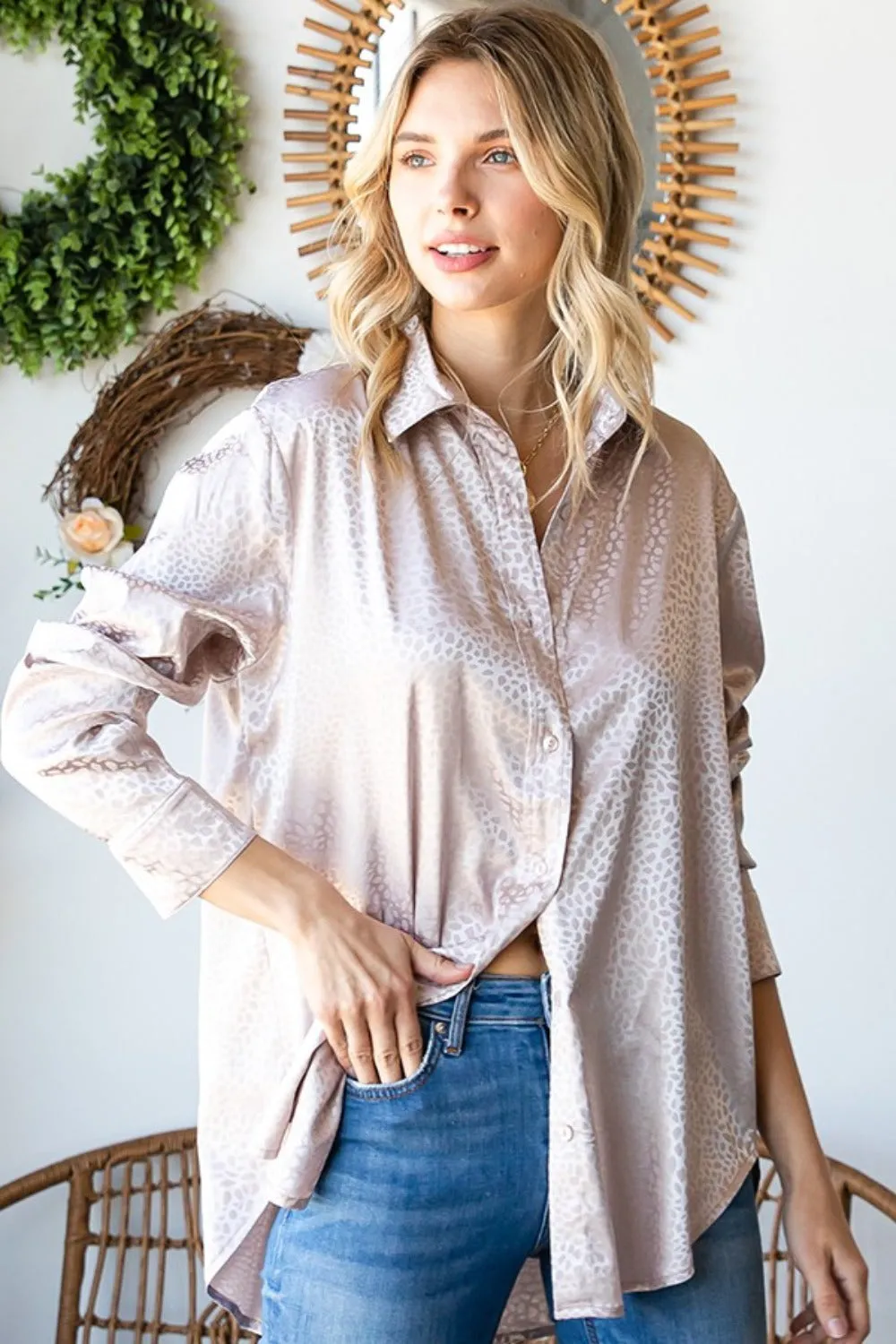Full Size Ditsy Dot Button Down Collared Satin Shirt