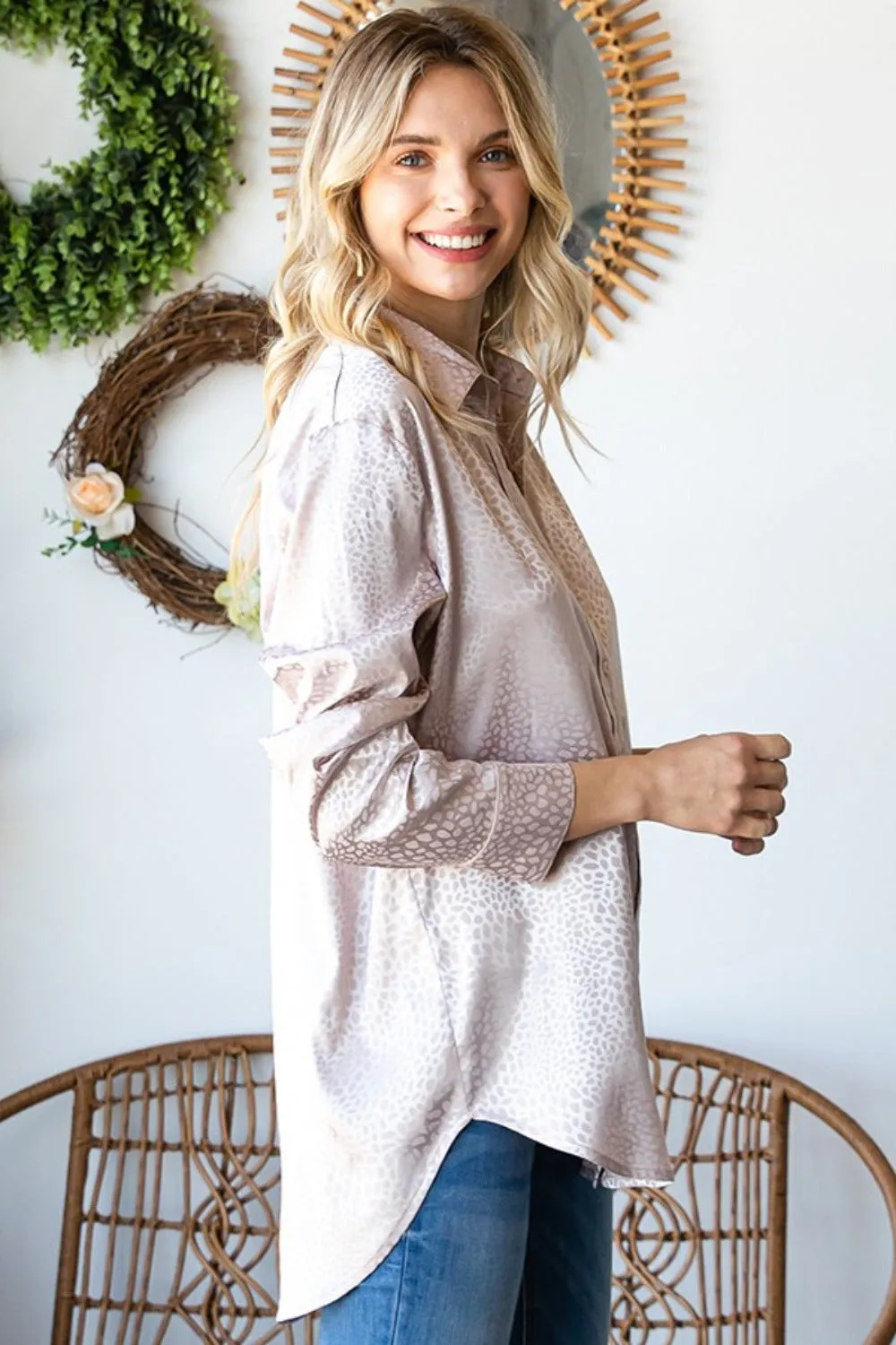 Full Size Ditsy Dot Button Down Collared Satin Shirt