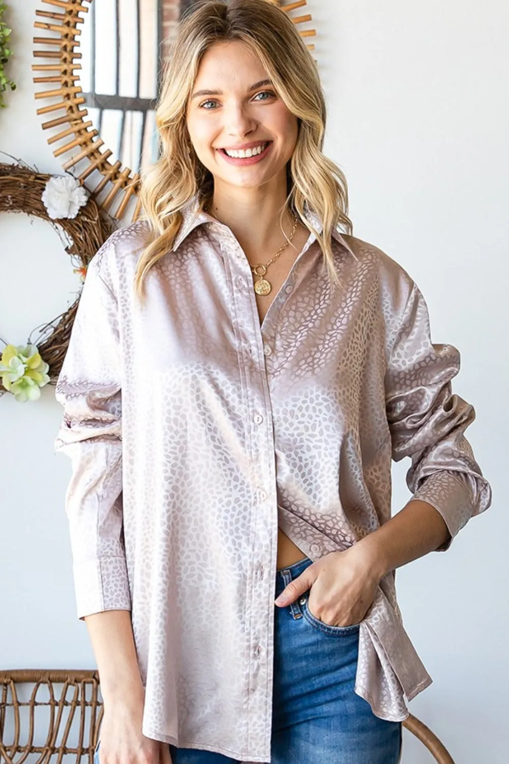 Full Size Ditsy Dot Button Down Collared Satin Shirt