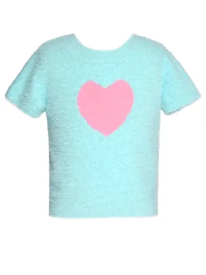 GBY Short Sleeve Fuzzy Heart Sweater in Aqua