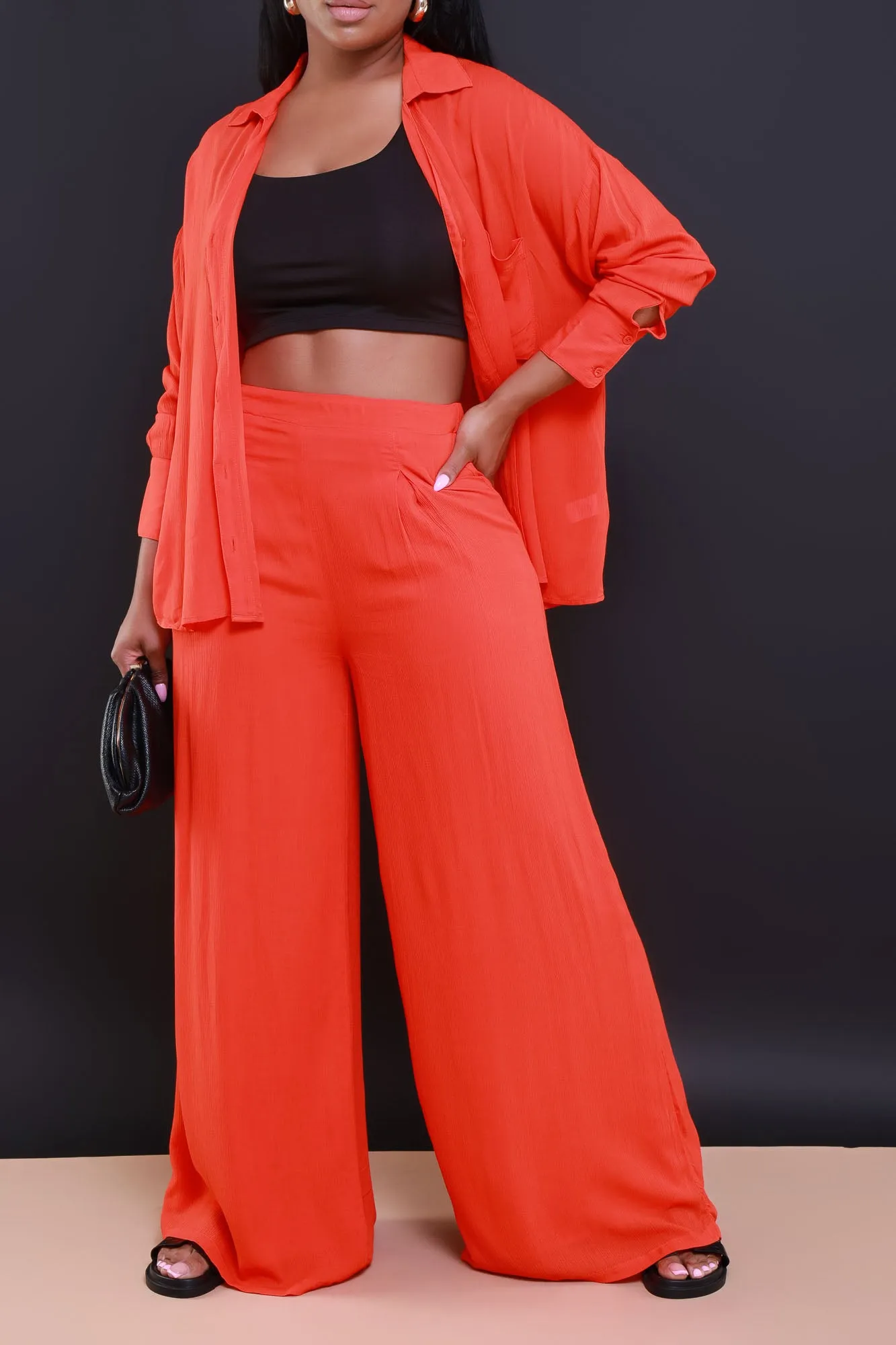 Live A Little Pleated Wide Leg Pants - Orange