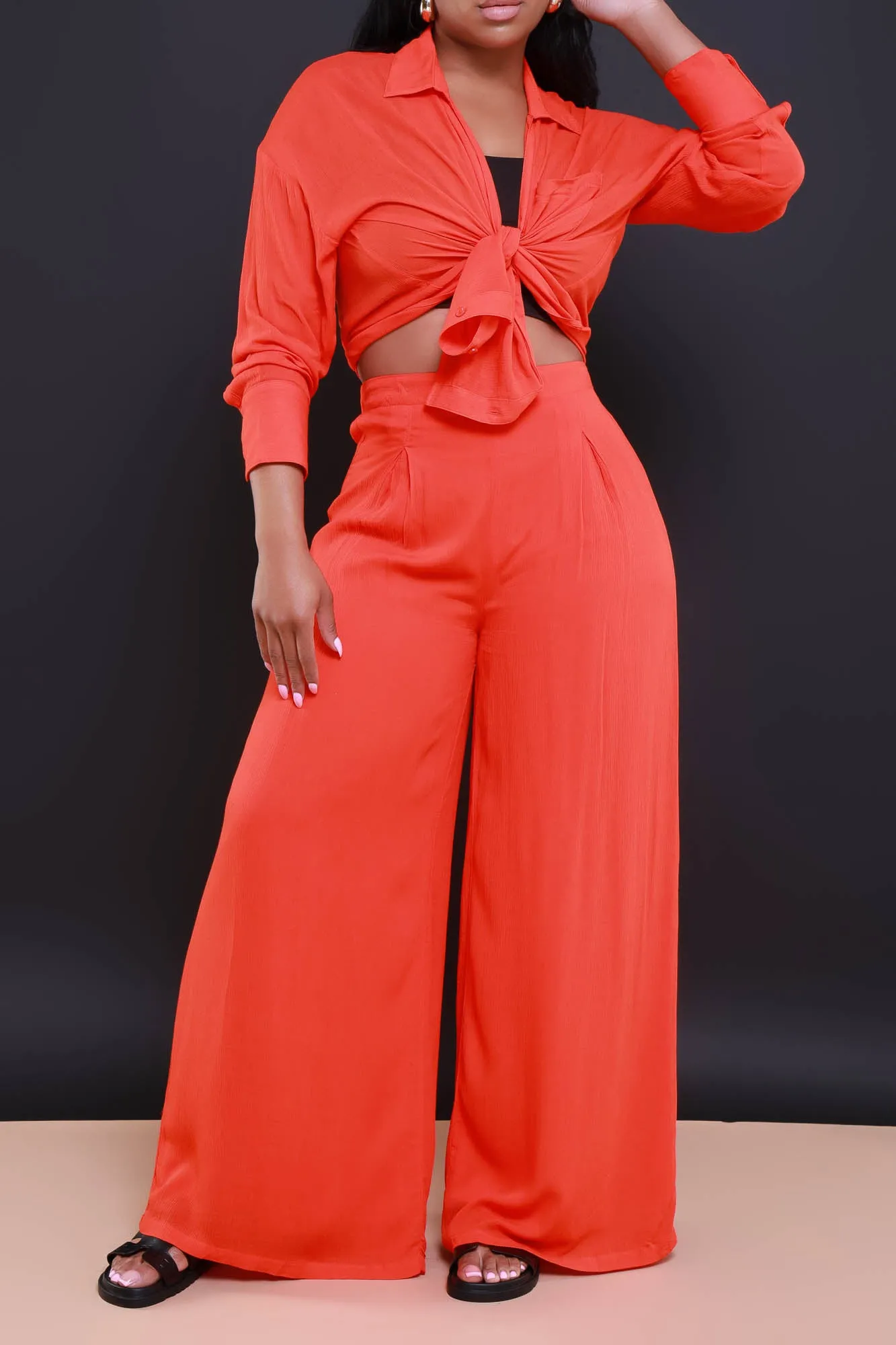 Live A Little Pleated Wide Leg Pants - Orange