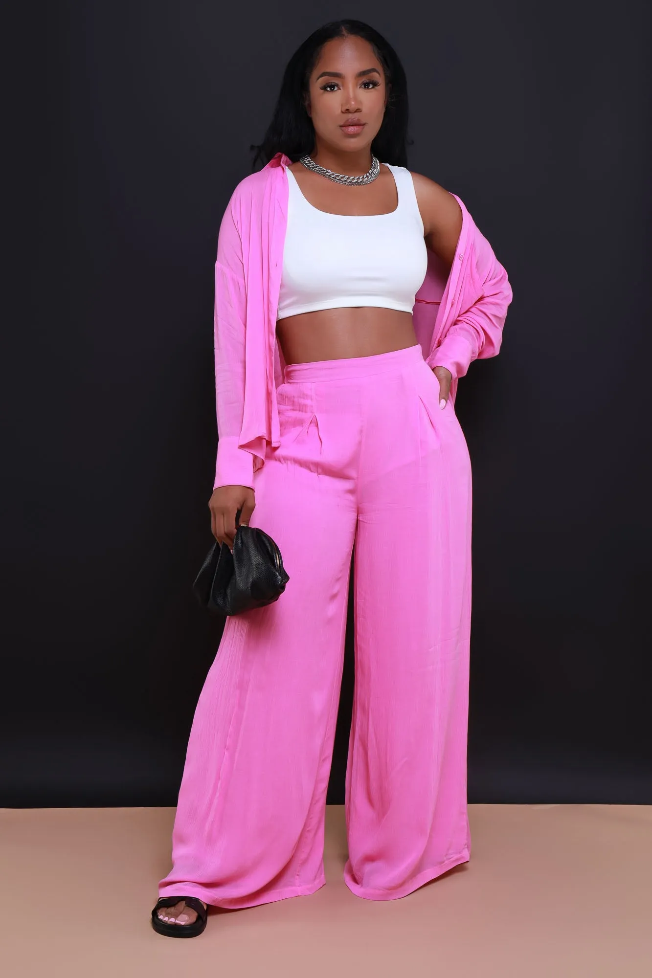 Live A Little Pleated Wide Leg Pants - Pink