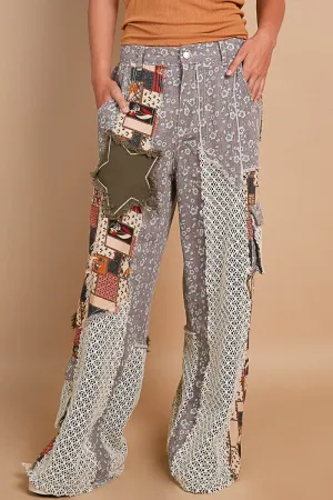 POL Relaxed Fit Twill Patchwork Pants in Choco/Scarlet Multi
