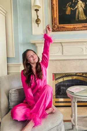 Satin and Feather Pajama Bottoms - Magenta