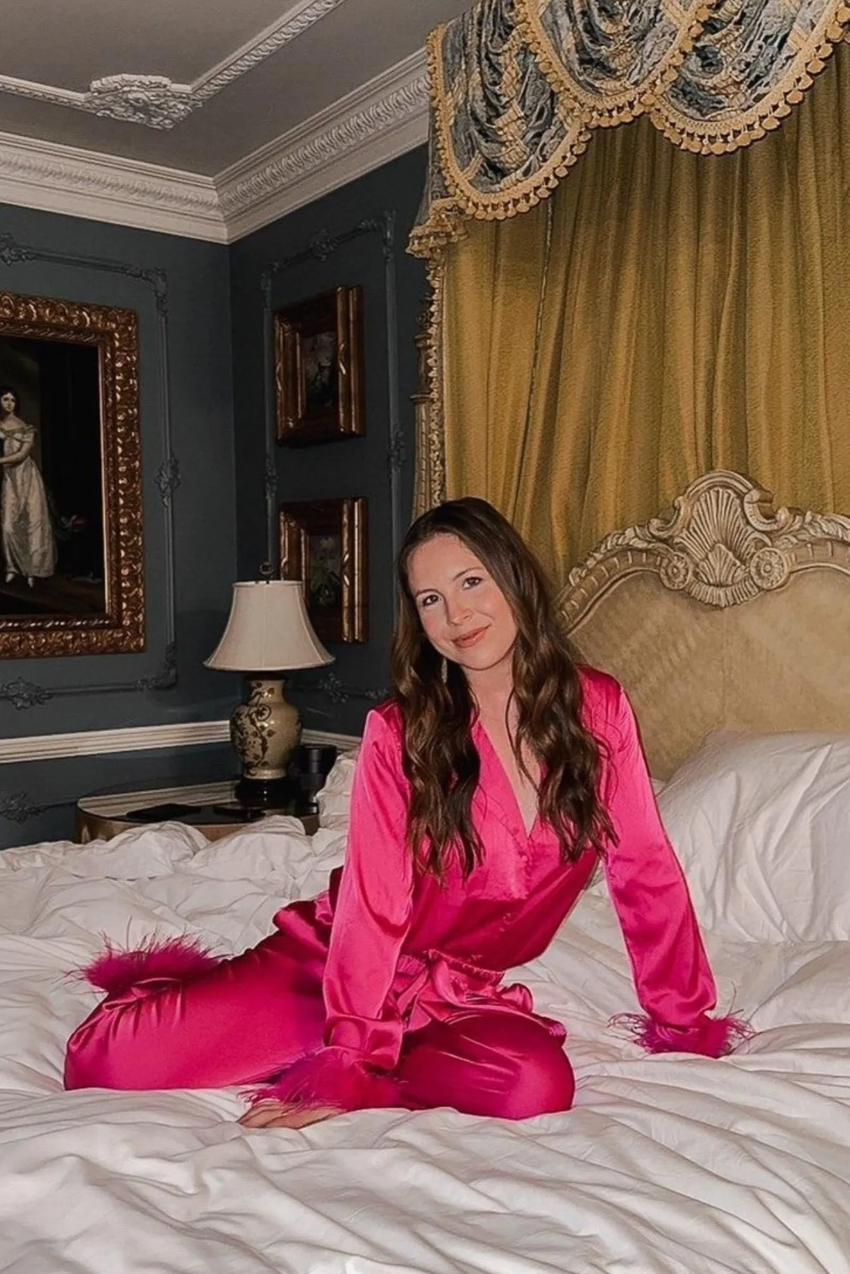 Satin and Feather Pajama Bottoms - Magenta