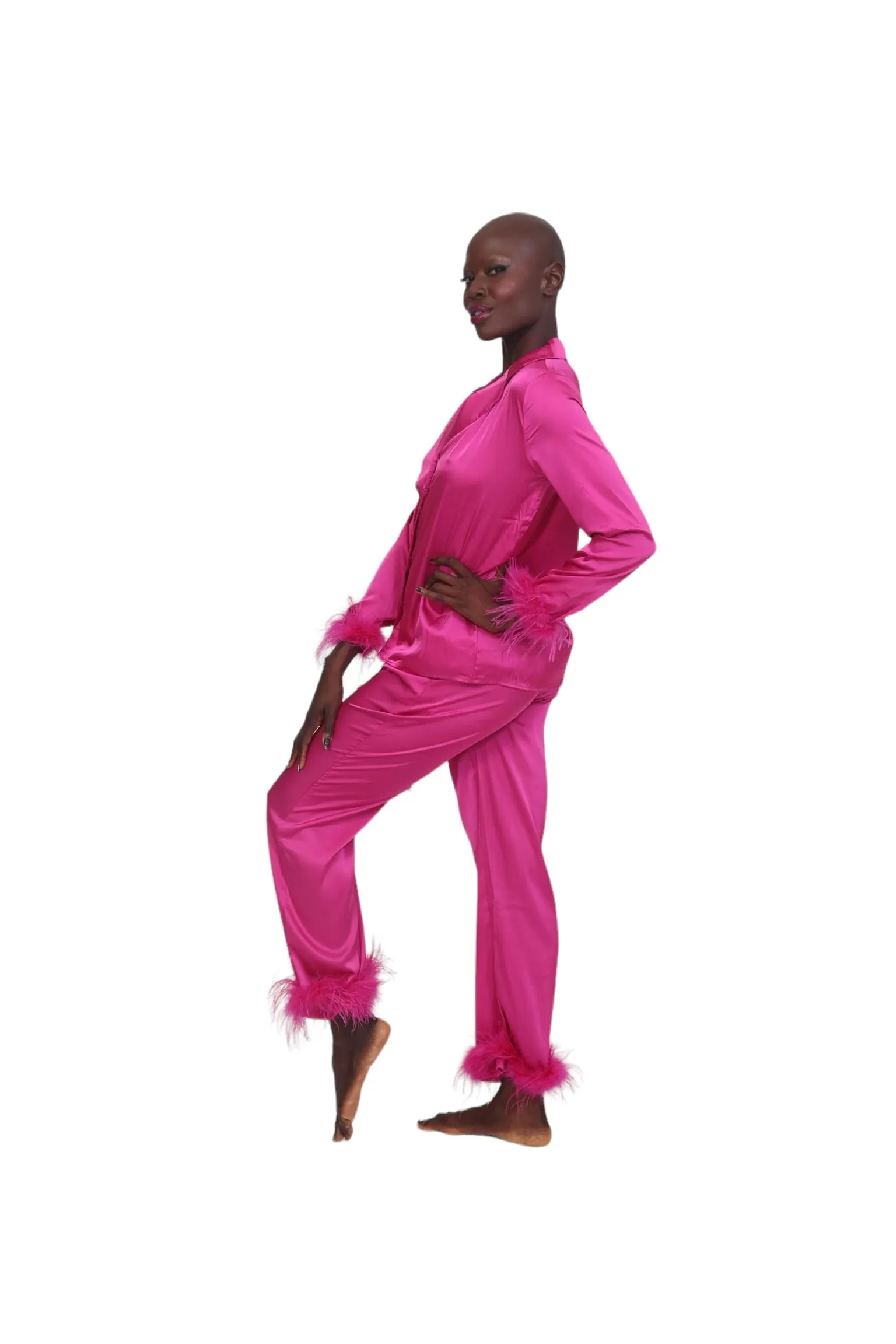 Satin and Feather Pajama Bottoms - Magenta