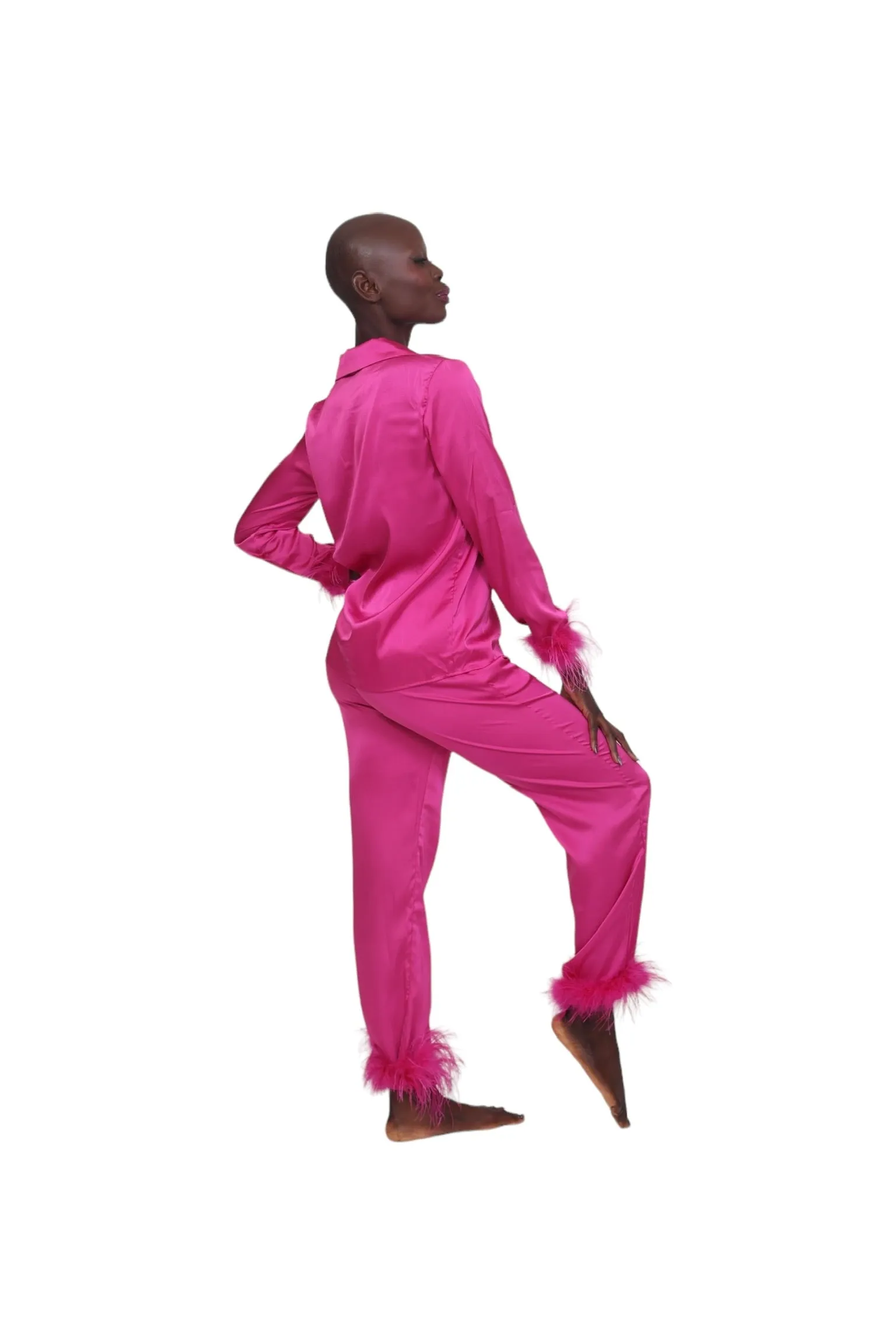 Satin and Feather Pajama Bottoms - Magenta