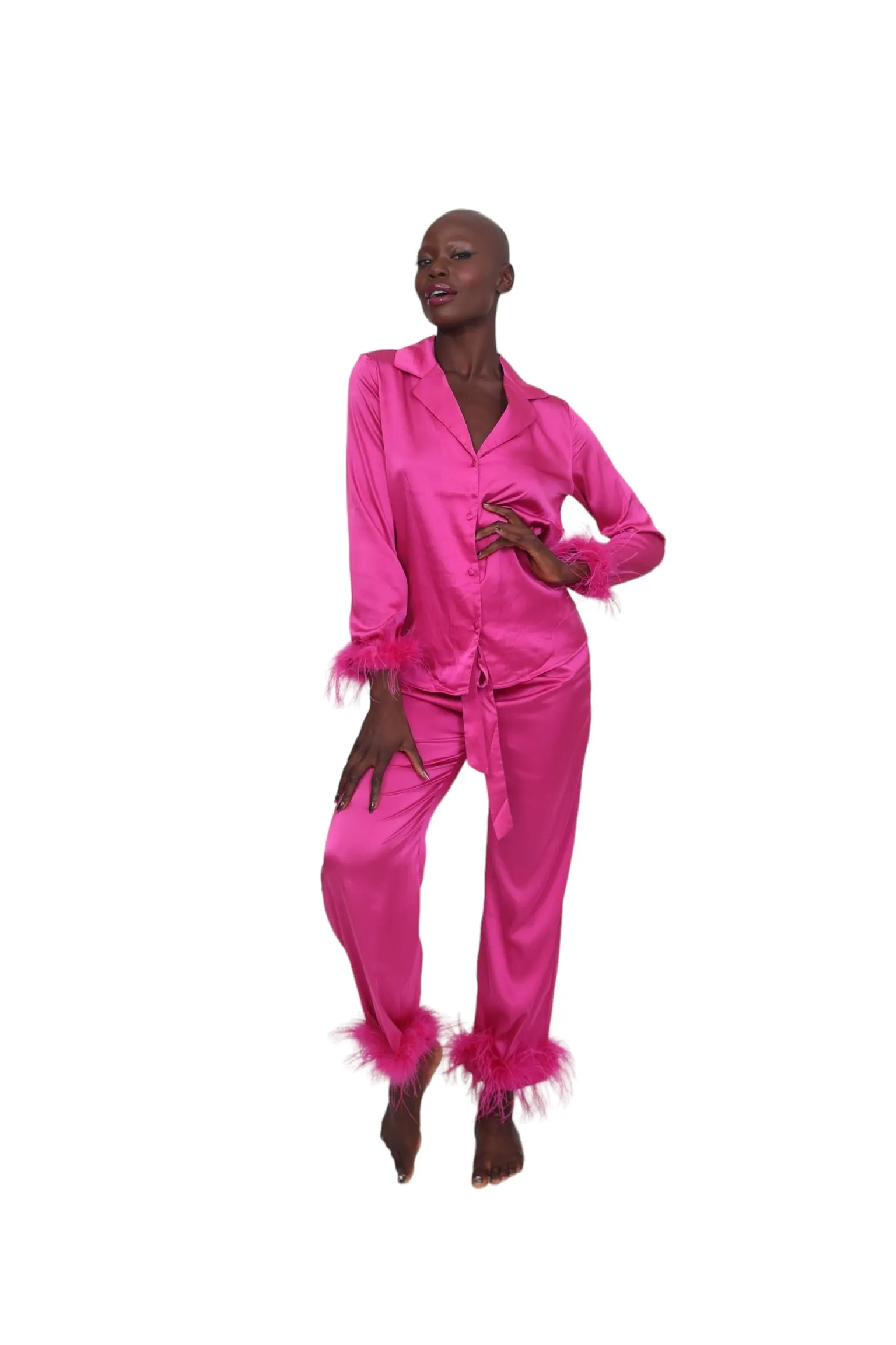 Satin and Feather Pajama Bottoms - Magenta