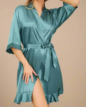 Satin Short Dressing Gown with Ruffles