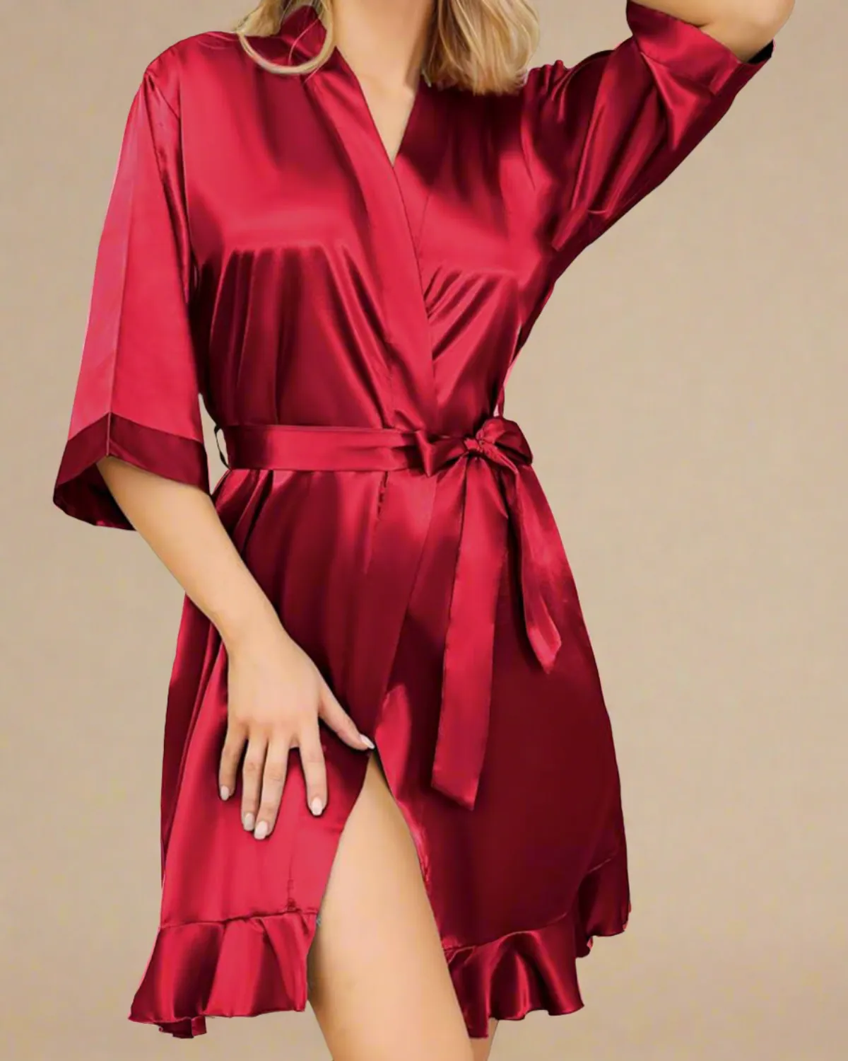 Satin Short Dressing Gown with Ruffles