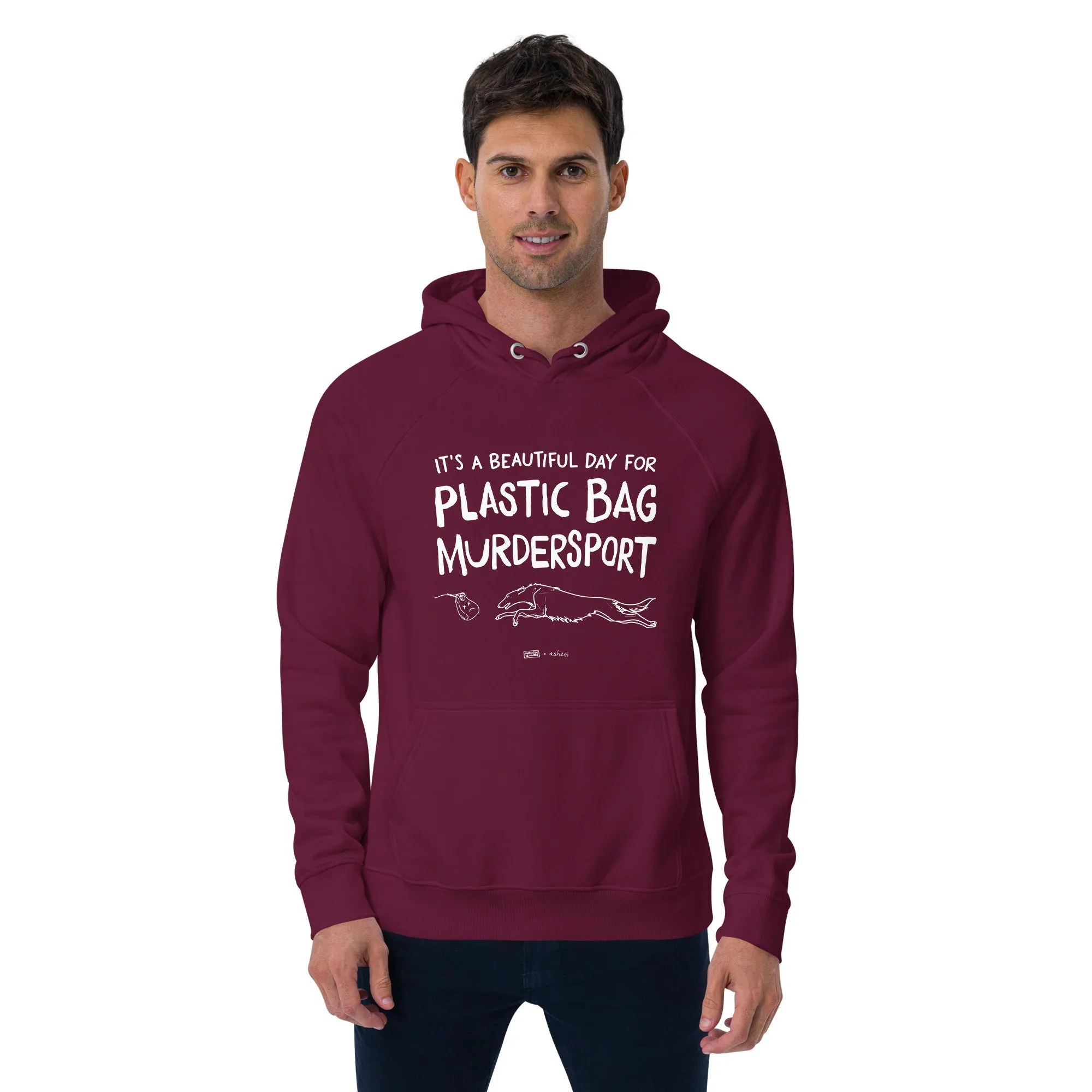 unisex eco raglan hoodie: plastic bag murdersport (borzoi)