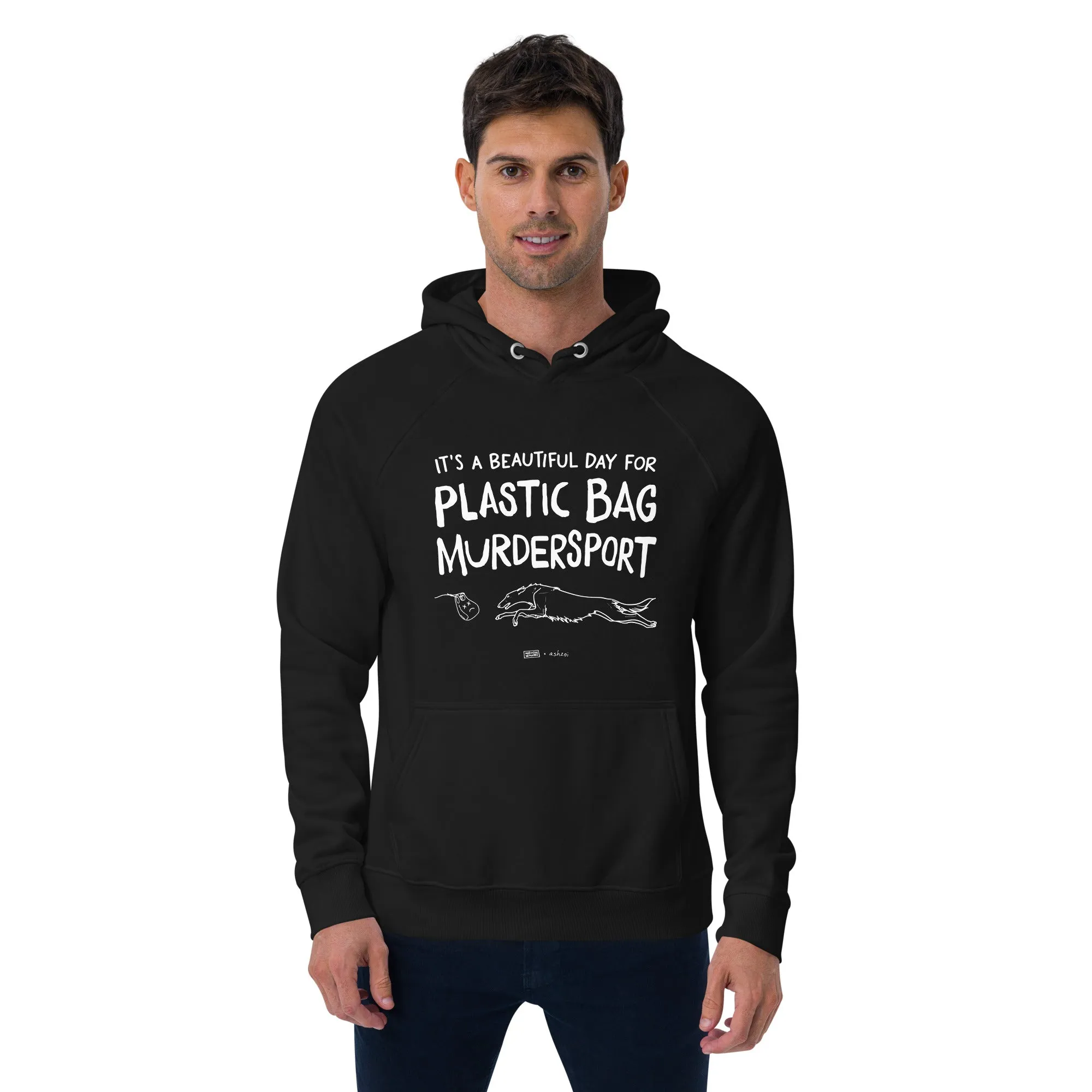 unisex eco raglan hoodie: plastic bag murdersport (borzoi)