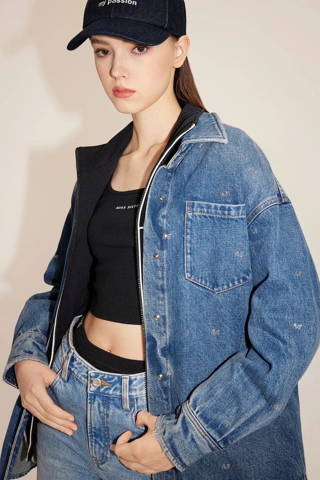 Vintage Relaxed Fir Denim Shirt With Crystal