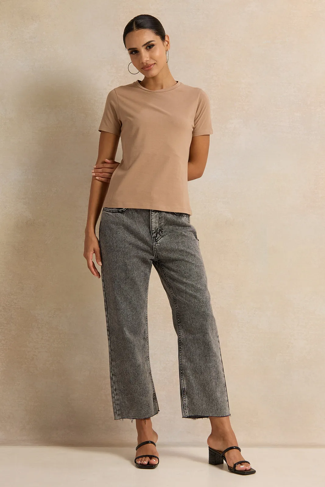 Women  Brown Short Sleeve Crew Neck T-Shirt