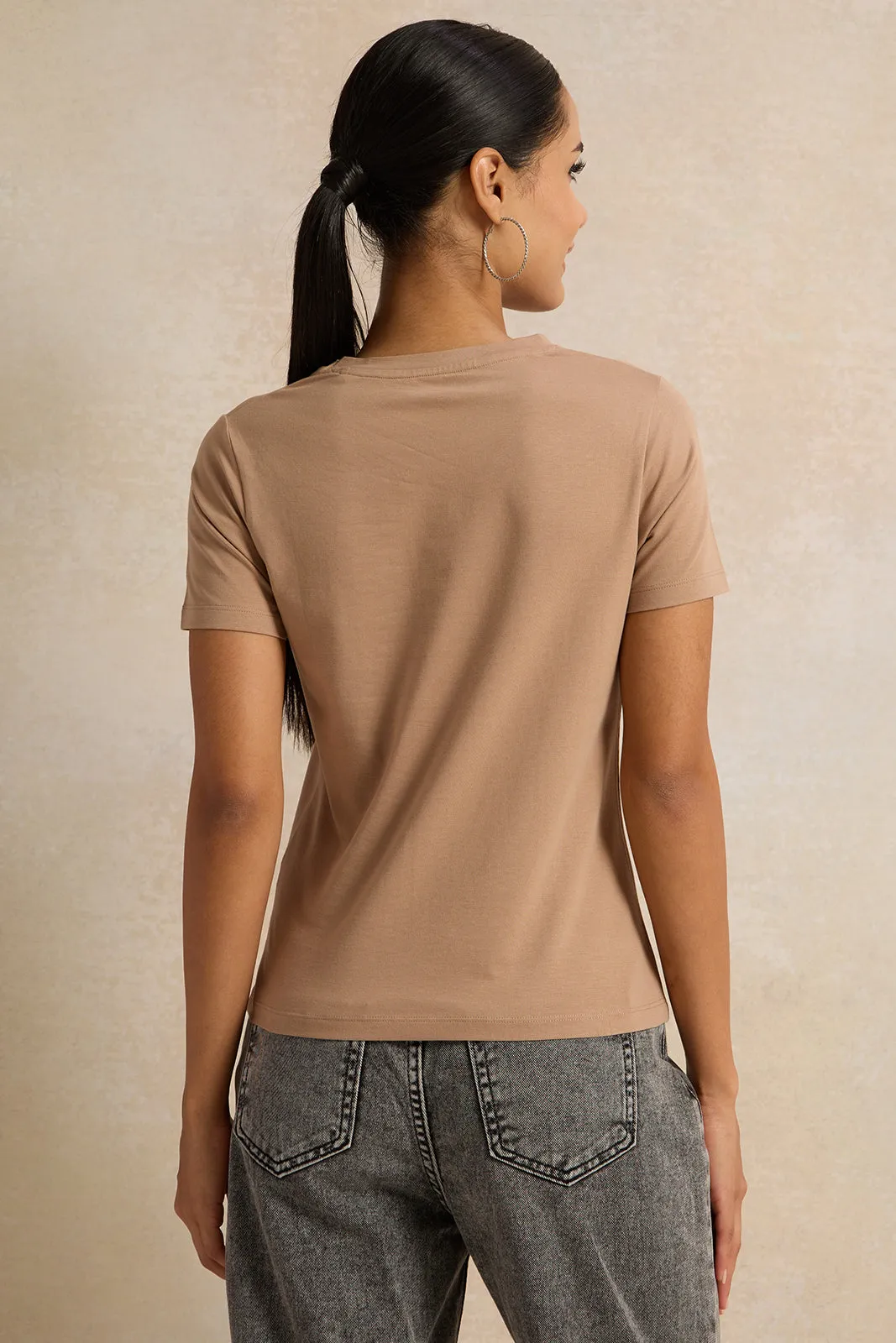 Women  Brown Short Sleeve Crew Neck T-Shirt