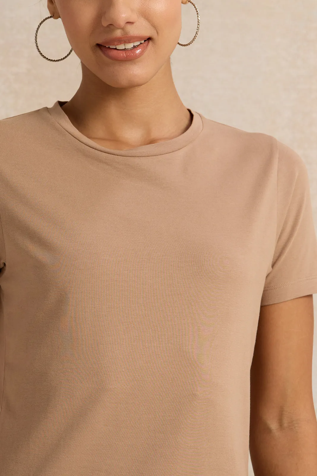 Women  Brown Short Sleeve Crew Neck T-Shirt