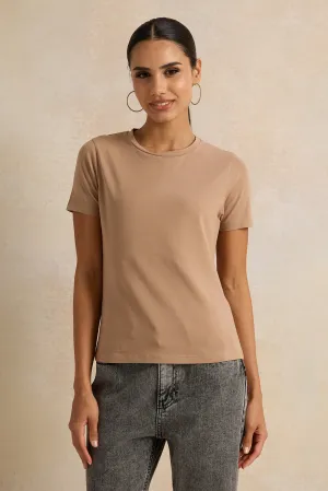 Women  Brown Short Sleeve Crew Neck T-Shirt