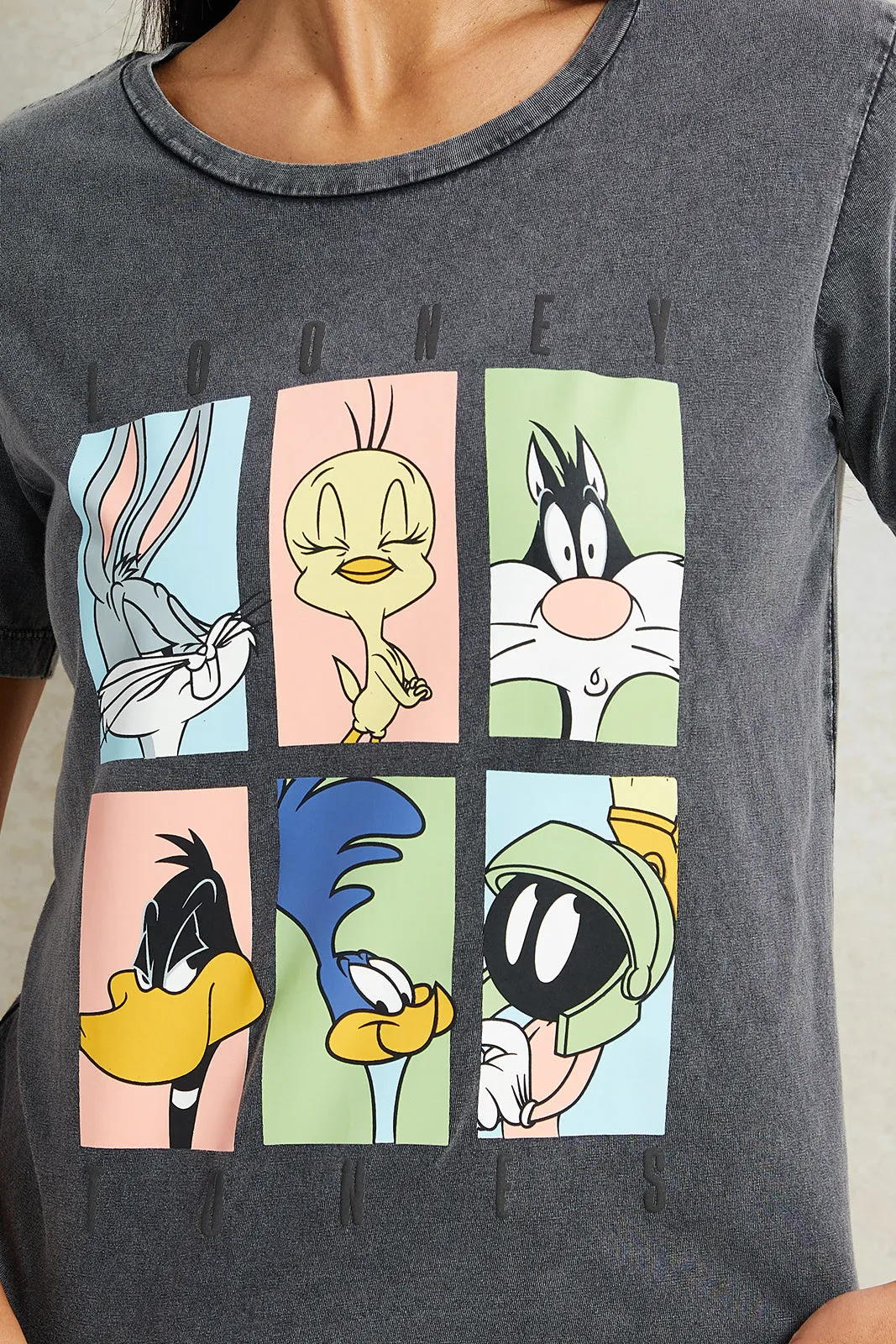Women Charcoal Looney Tunes Printed T-Shirt