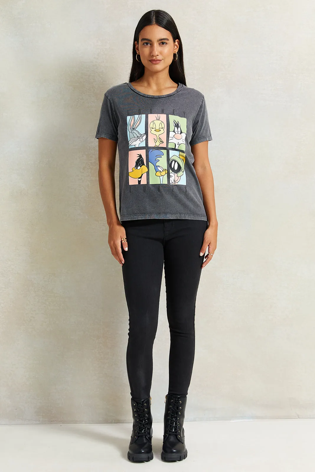 Women Charcoal Looney Tunes Printed T-Shirt