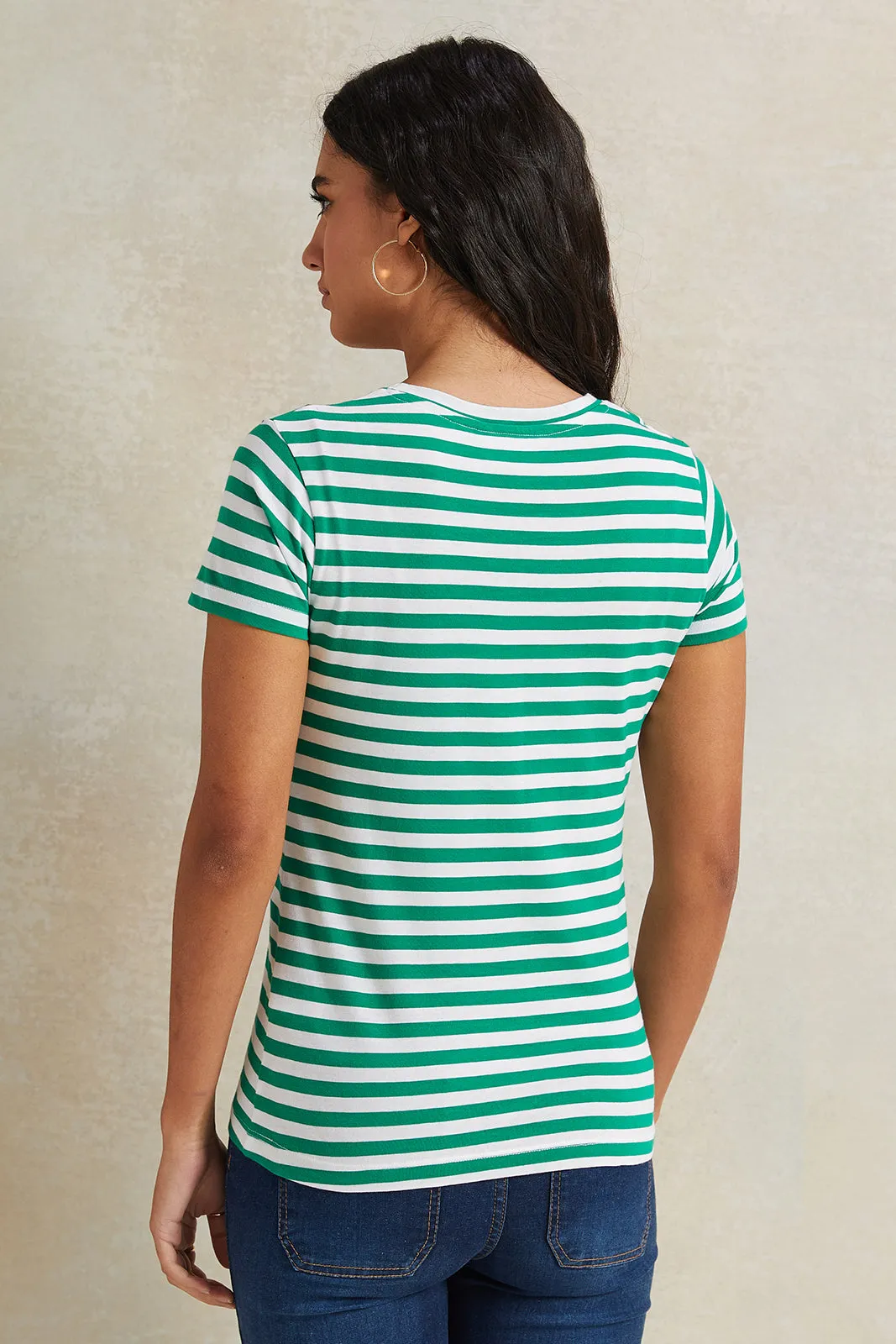 Women Green And White Striped T-Shirt