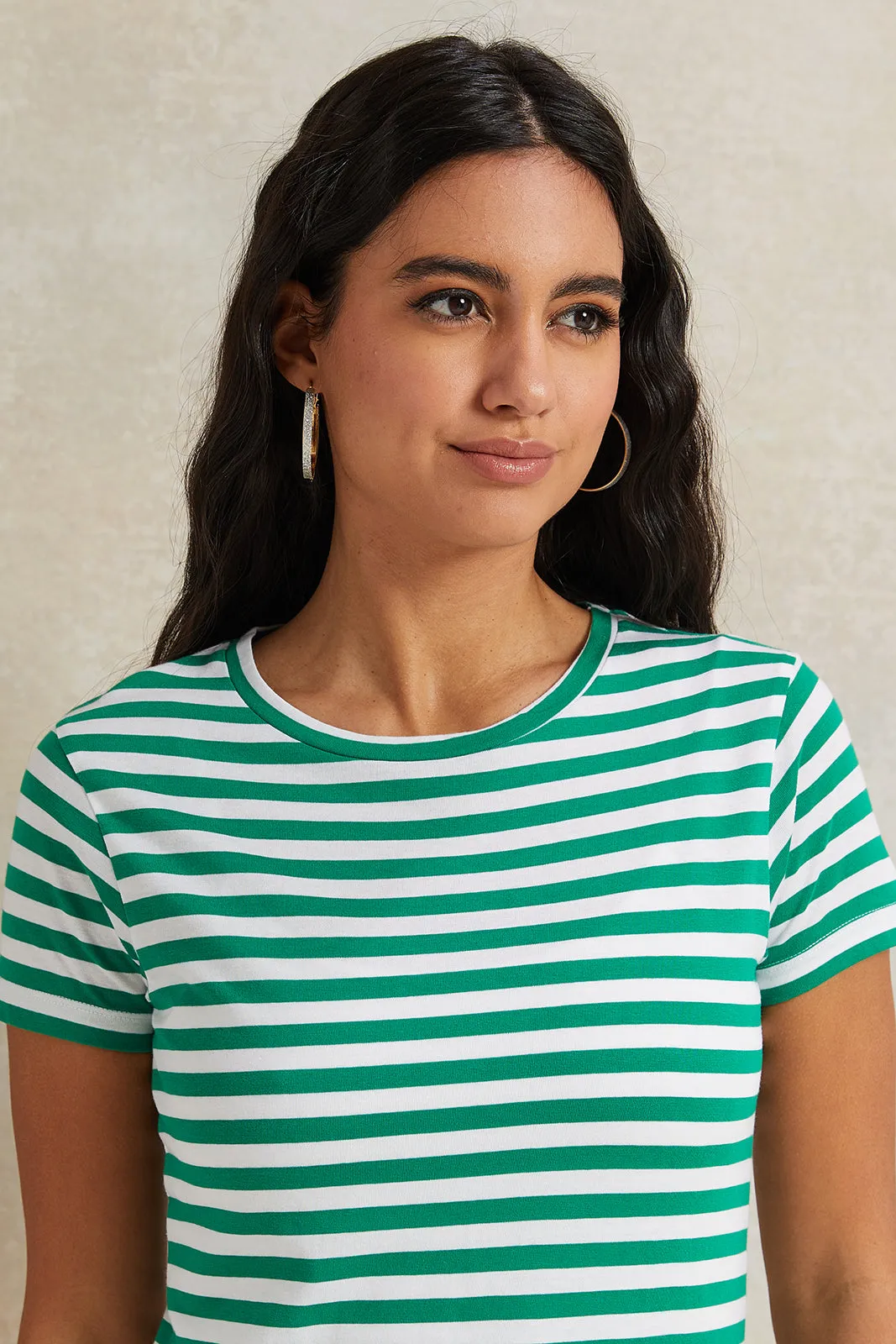 Women Green And White Striped T-Shirt