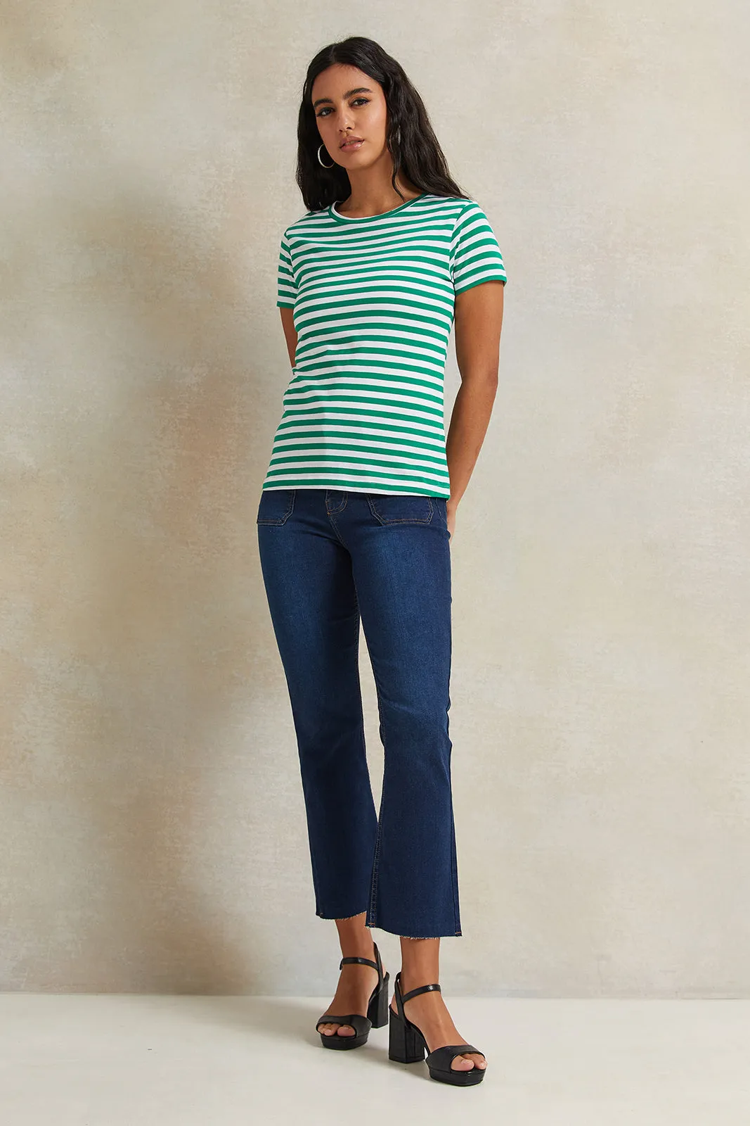 Women Green And White Striped T-Shirt