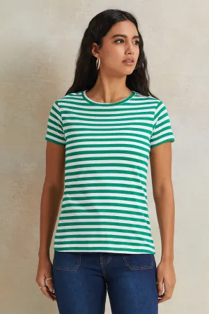 Women Green And White Striped T-Shirt