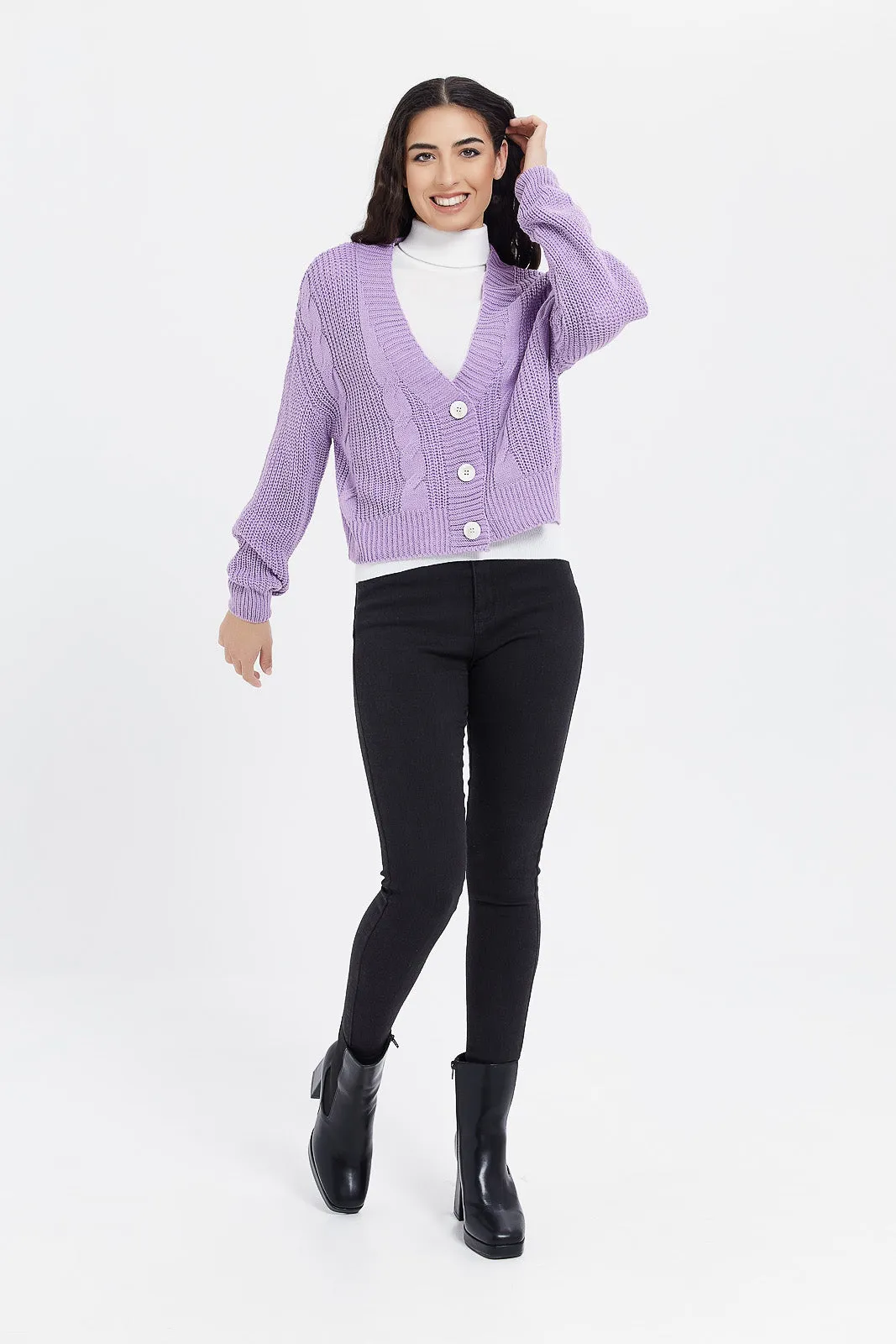 Women Lilac Knitted Cropped Cardigan