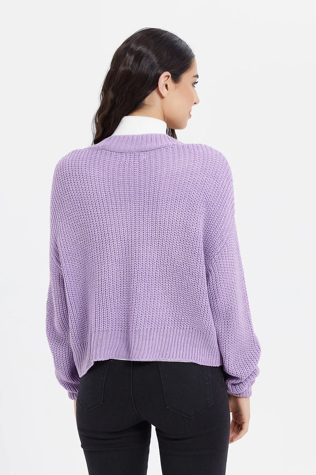 Women Lilac Knitted Cropped Cardigan