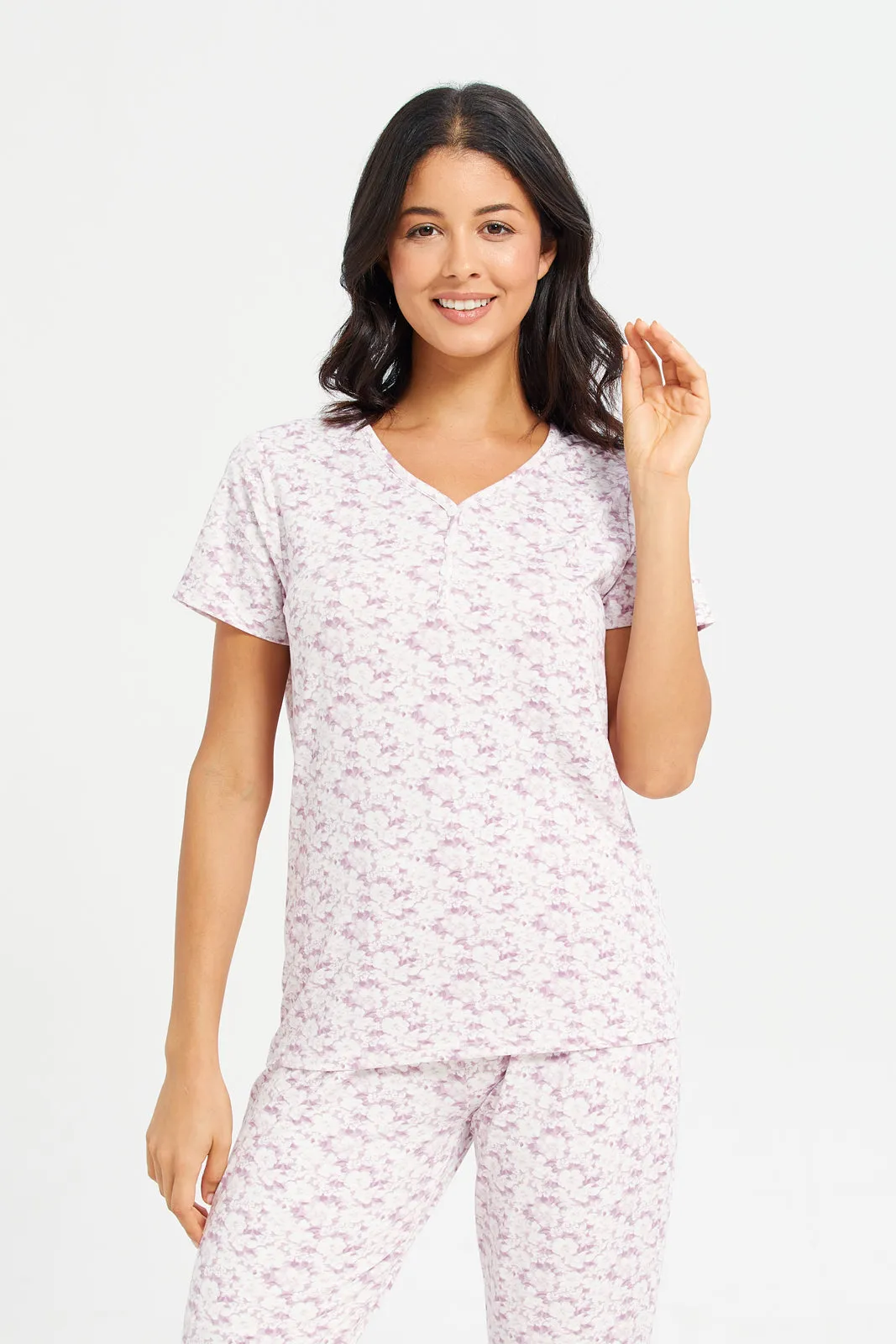 Women Purple Printed T-Shirt And Pants Pyjama Set (2 Piece)