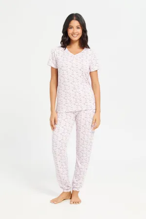 Women Purple Printed T-Shirt And Pants Pyjama Set (2 Piece)