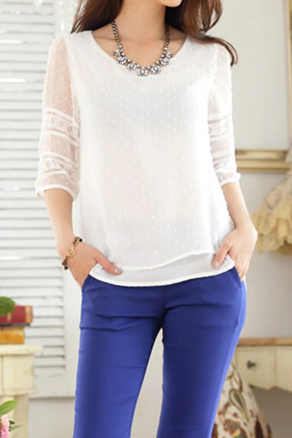 Women See Through Short Sleeve Easy Round Neck Tremendous Solid Colored Summer Pullover Blouse - UWSB887