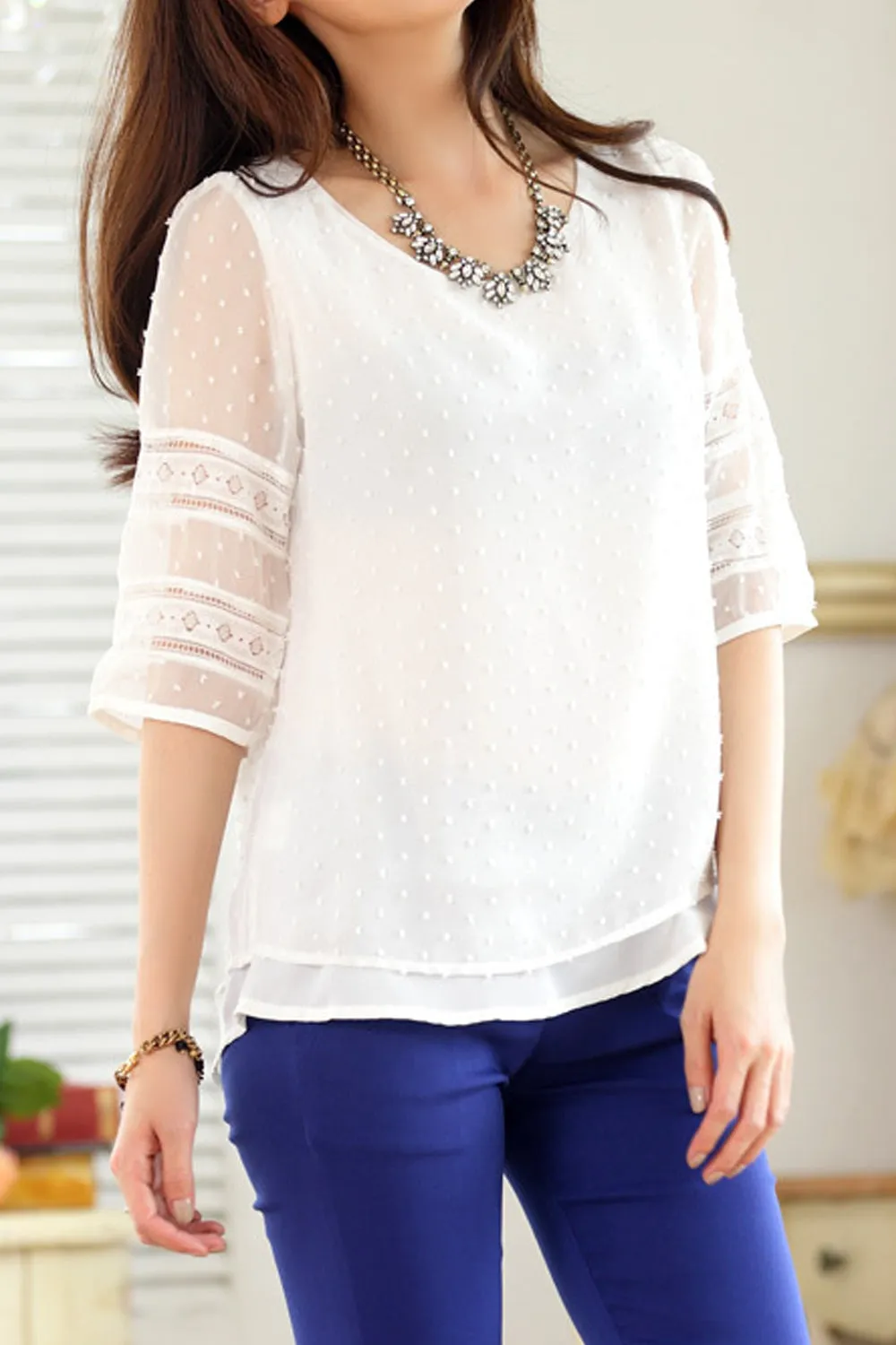 Women See Through Short Sleeve Easy Round Neck Tremendous Solid Colored Summer Pullover Blouse - UWSB887