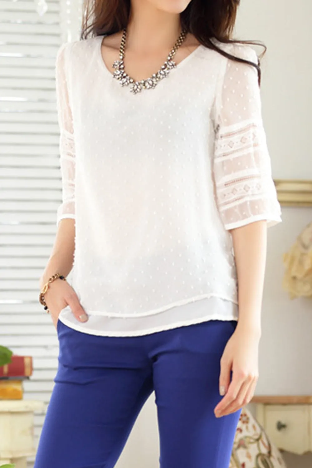 Women See Through Short Sleeve Easy Round Neck Tremendous Solid Colored Summer Pullover Blouse - UWSB887