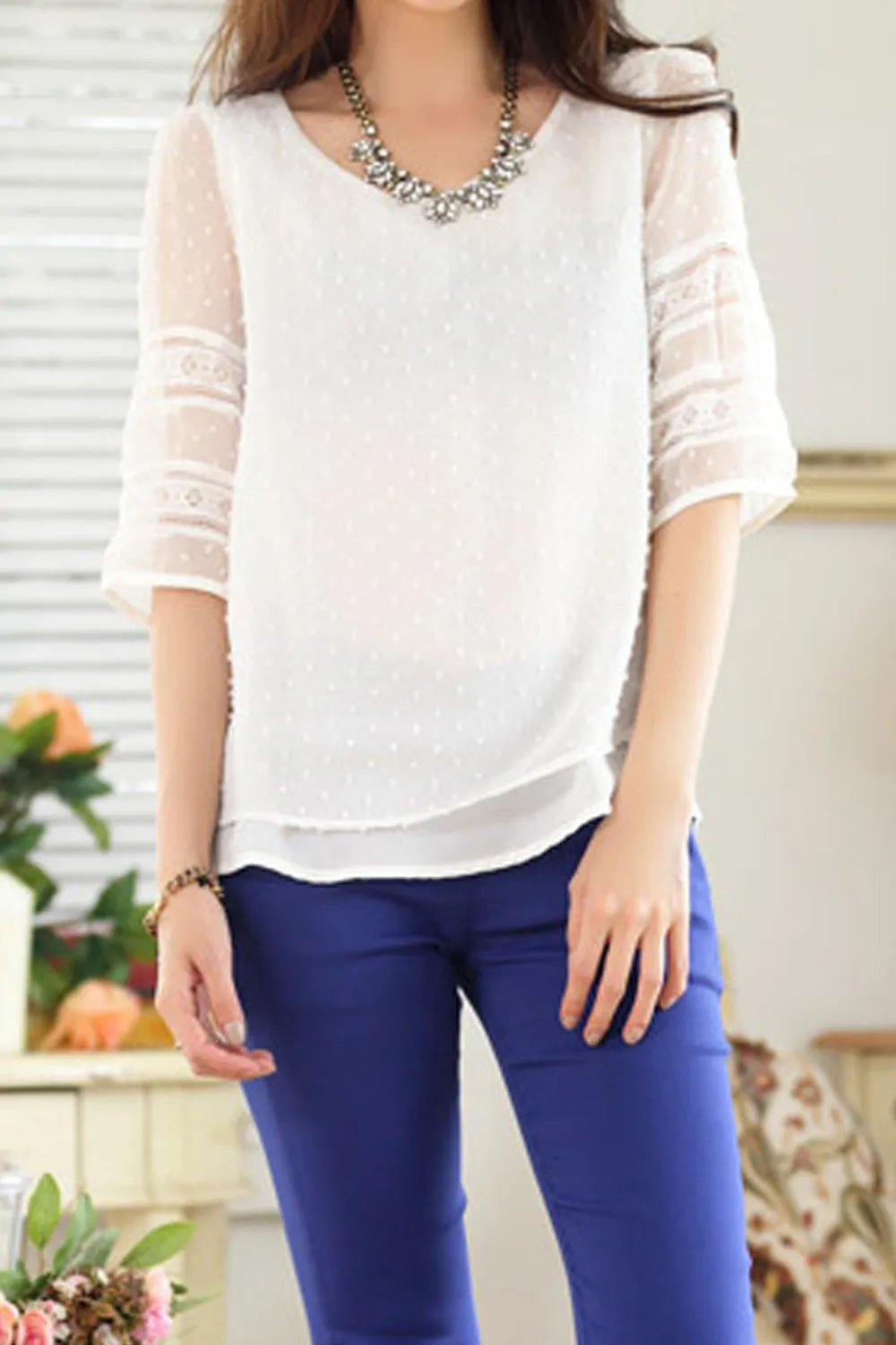 Women See Through Short Sleeve Easy Round Neck Tremendous Solid Colored Summer Pullover Blouse - UWSB887