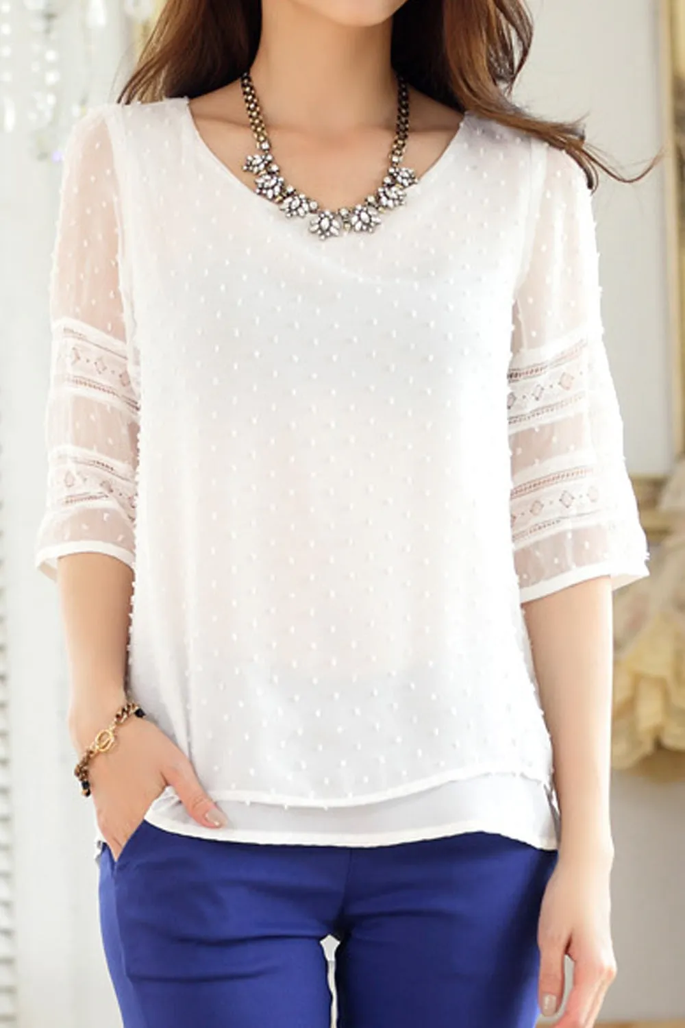 Women See Through Short Sleeve Easy Round Neck Tremendous Solid Colored Summer Pullover Blouse - UWSB887