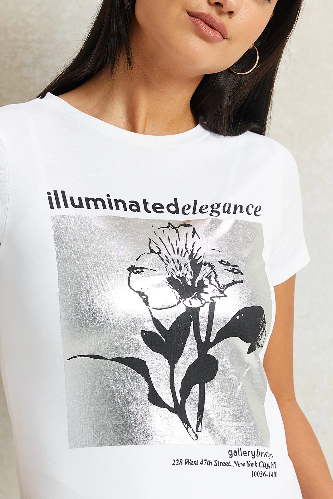 Women White Floral Foil T-Shirt